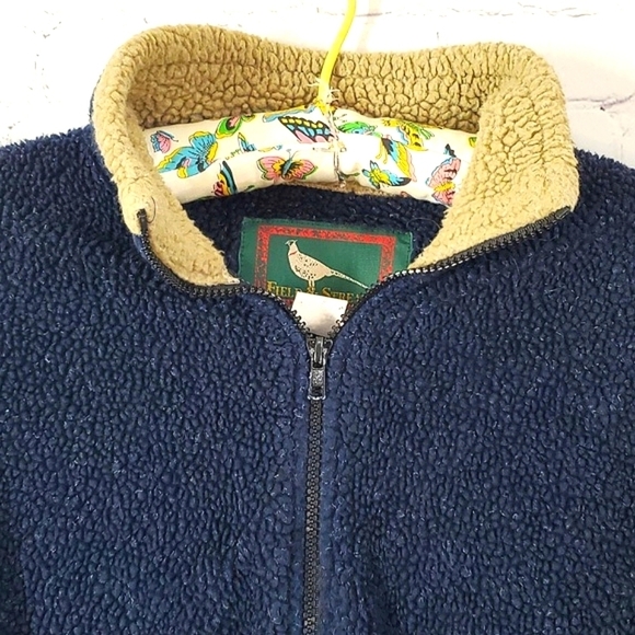Vintage 90s Field & Stream Outdoor Sherpa Fleece Blue Tan Womens Jacket Size Med - Picture 9 of 17
